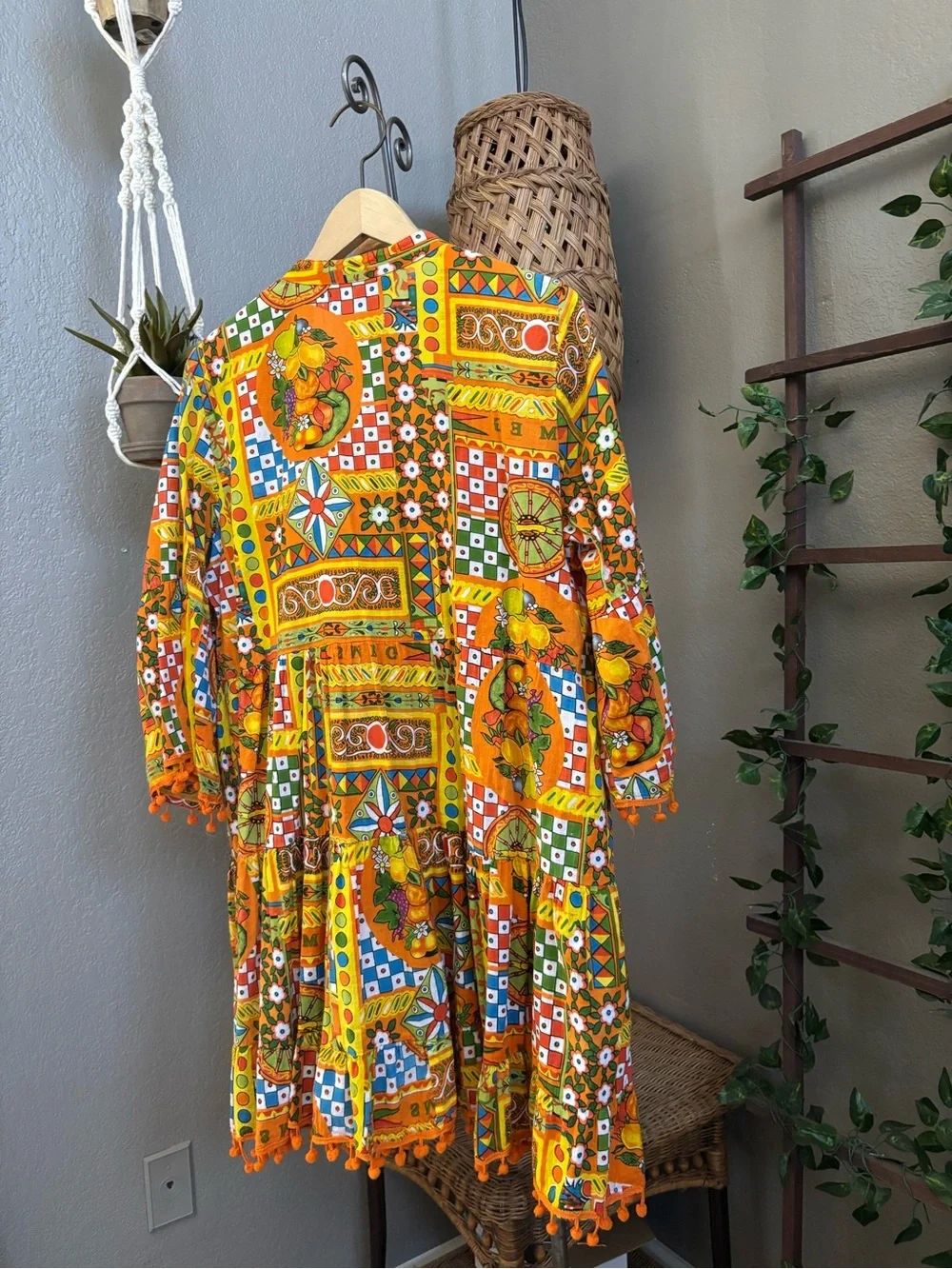 Colori Di Mare Majolica Print Embellished Mini Dress Boho Tassel Hem Tunic - Picture 12 of 13
